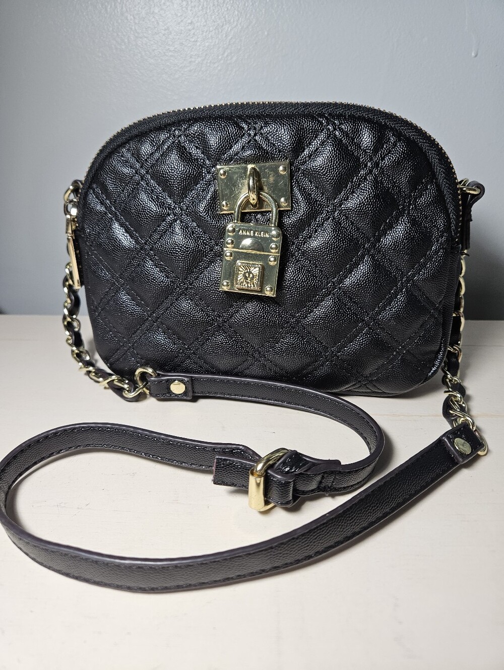 Anne Klein Black Quilted Shimmer Down II Crossbody Bag - EUC